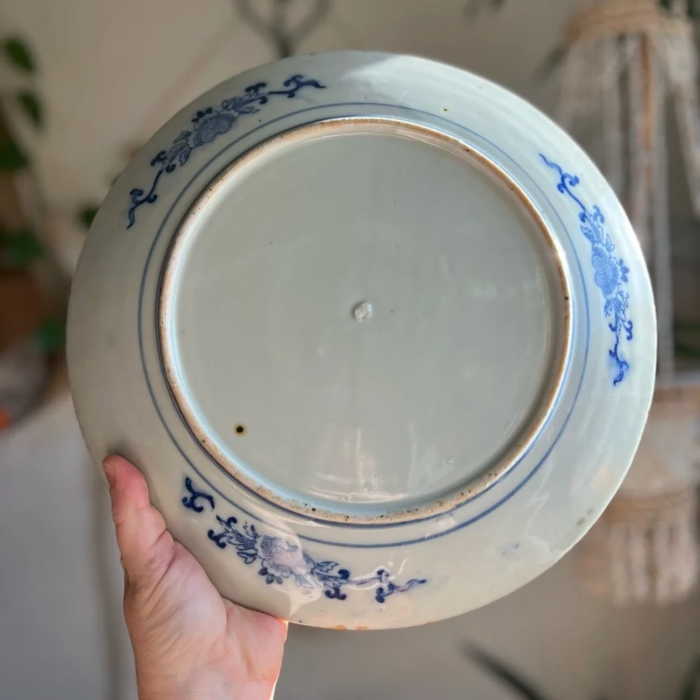 Antique Japanese Blue and White Igezara Porcelain Plate, Screen & Bamboo Design